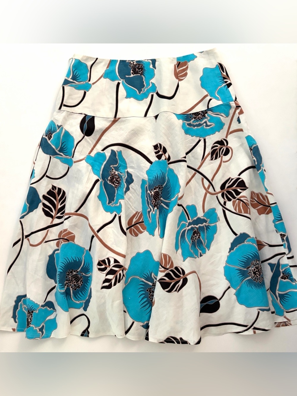 Polvere Pure Linen Italy Floral Flared Open Front Skirt White Blue size Large - Picture 9 of 16